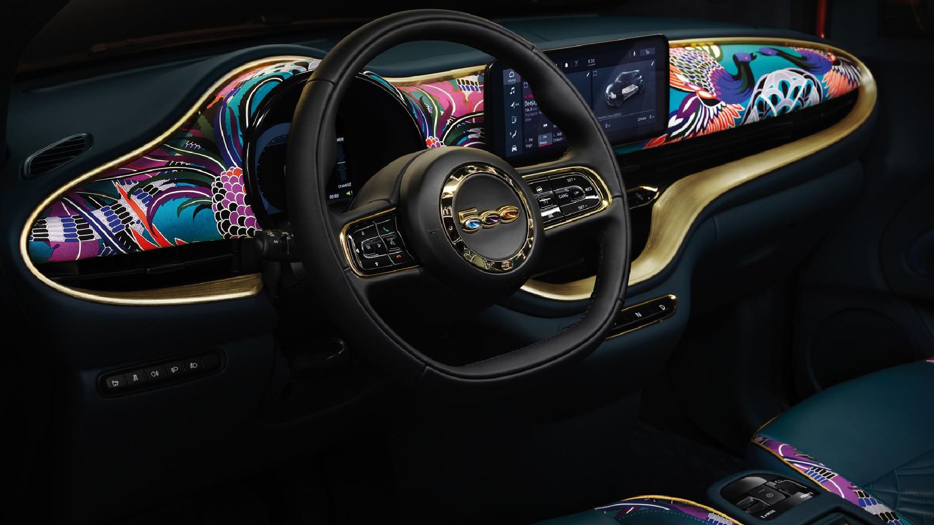 Colorful car interior featuring a steering wheel with "500" logo, vibrant dashboard design, touchscreen display, and intricate, artistic patterns.