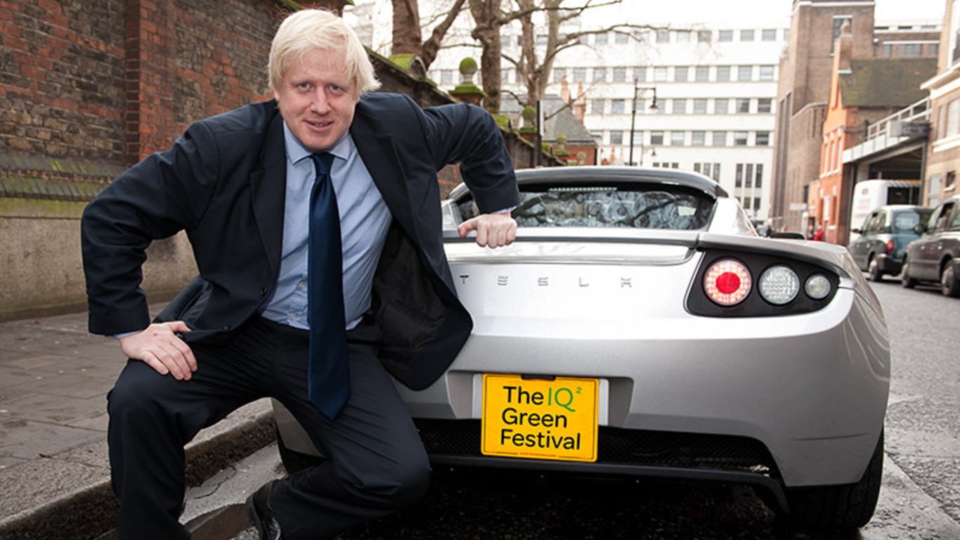 Boris Johnson in a Tesla Roadster