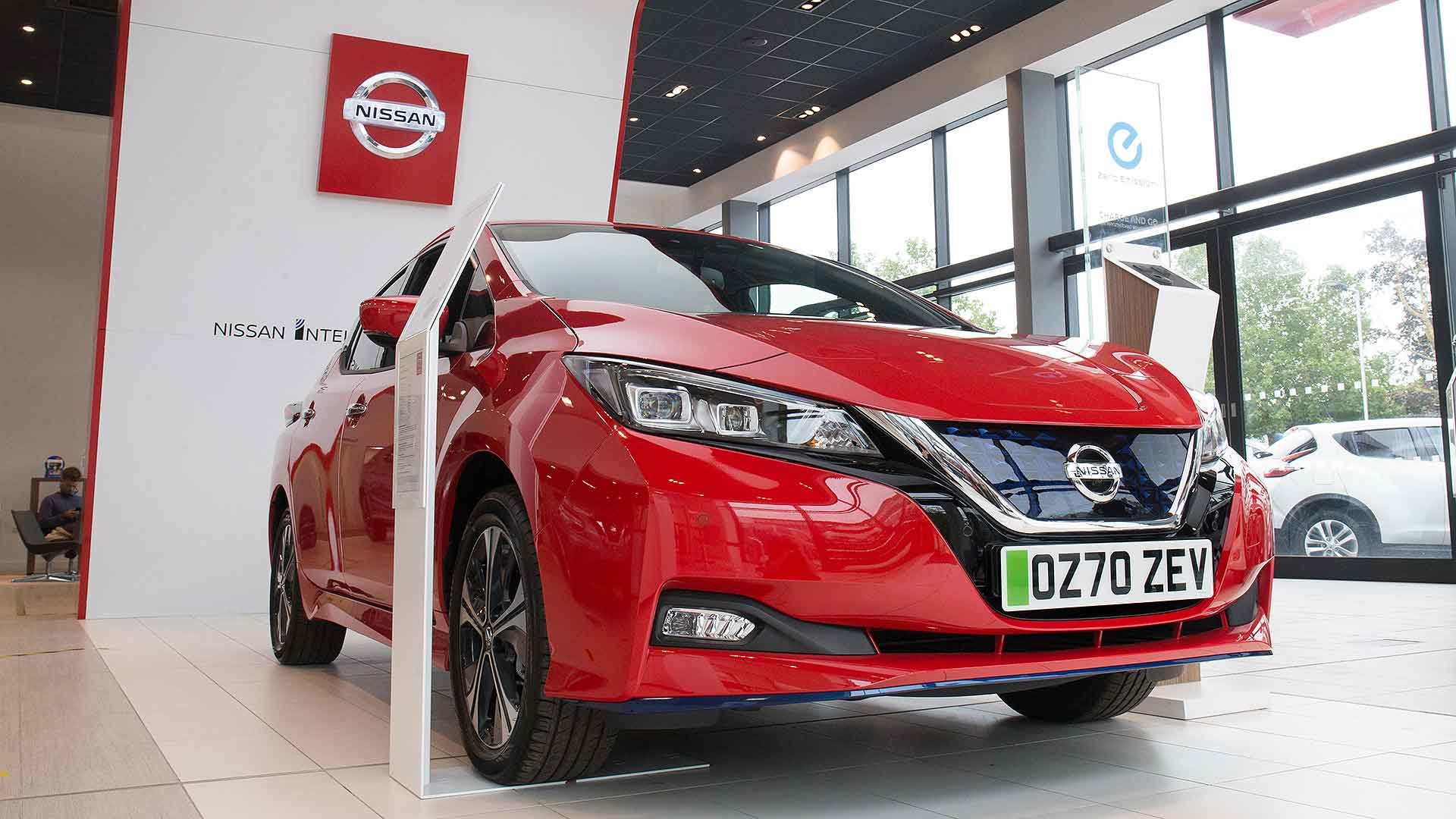 Nissan Leaf in a car showroom with a 70-plate new car registration