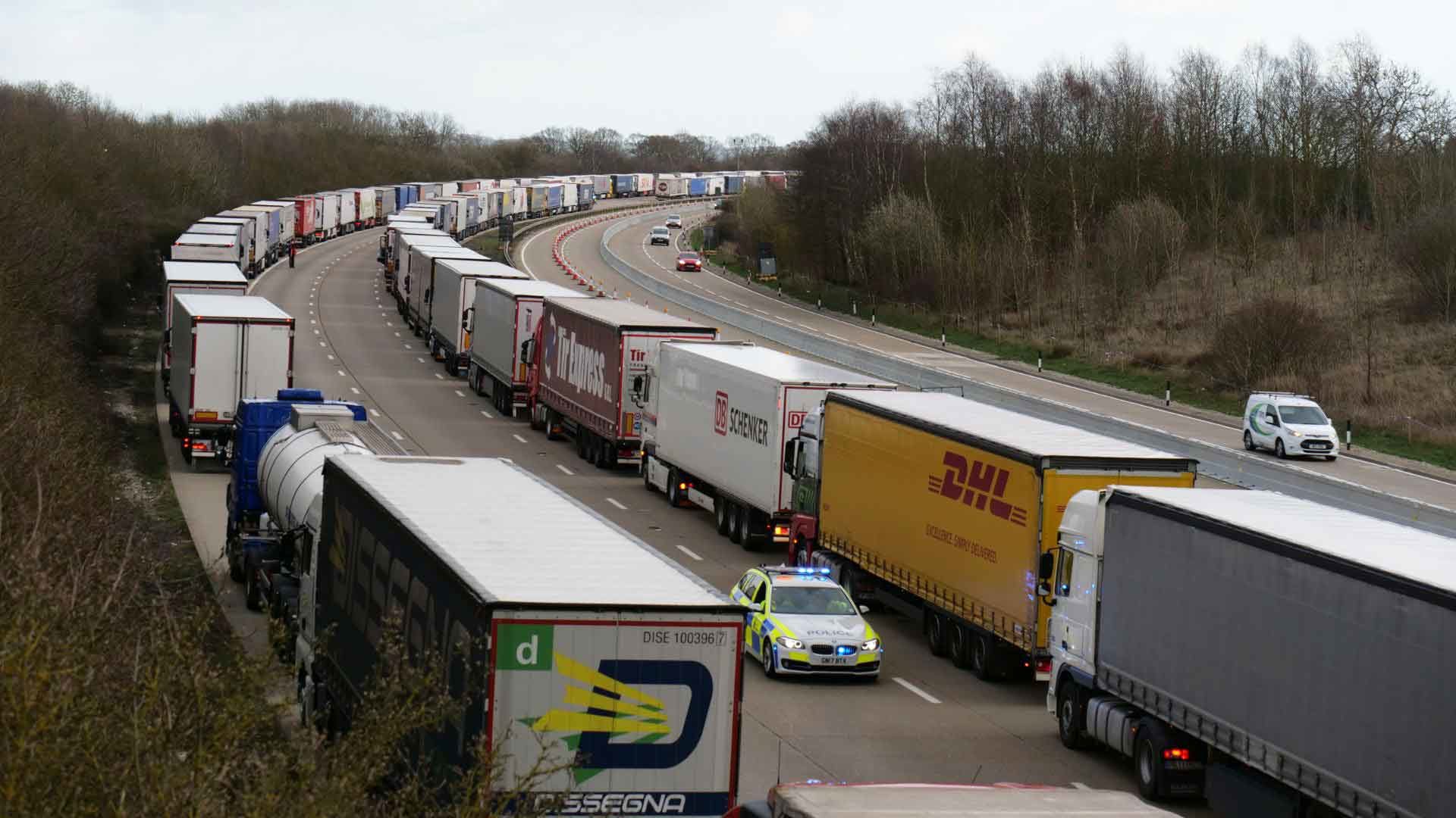 Queuing trucks on the M20 in Kent