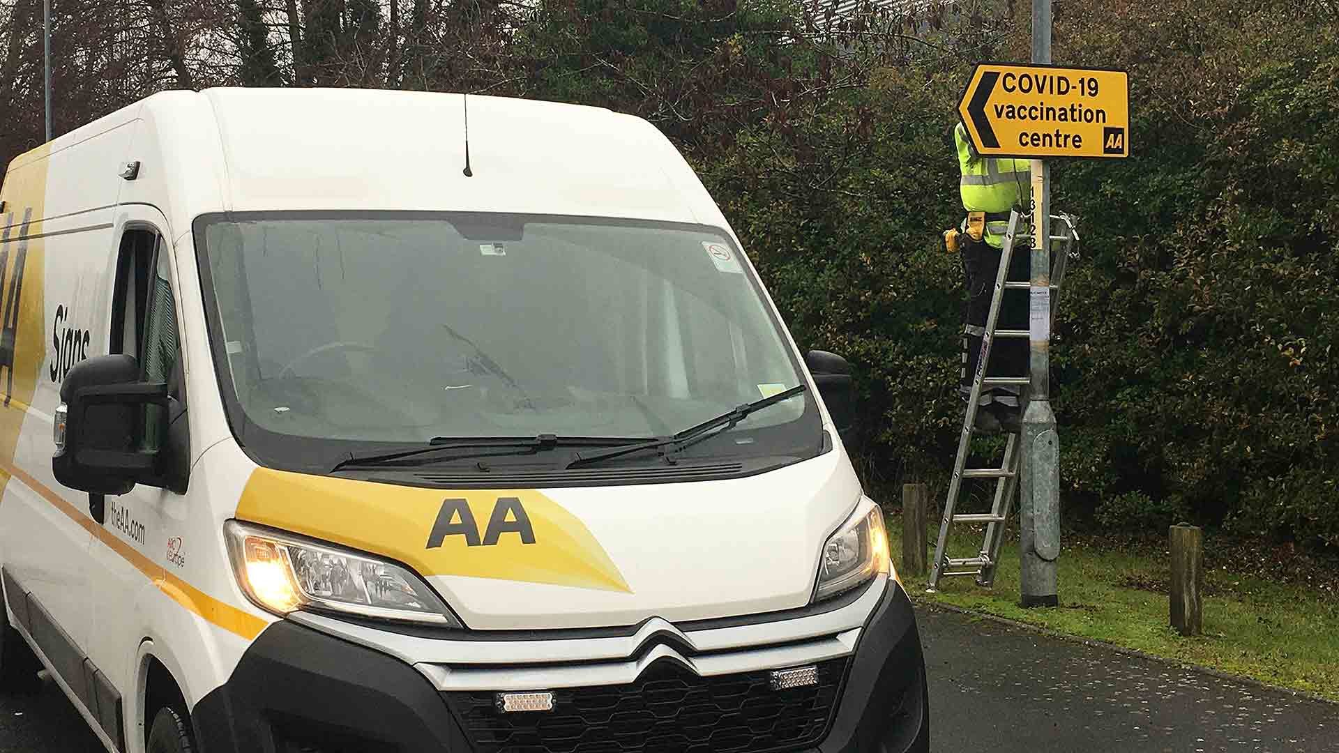 AA Covid-19 vaccination centre road sign