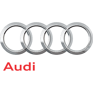 Audi-logo-2009-300×300-1 Four interlocking silver rings form the Audi logo with red Japanese text beneath, symbolizing an automotive brand.