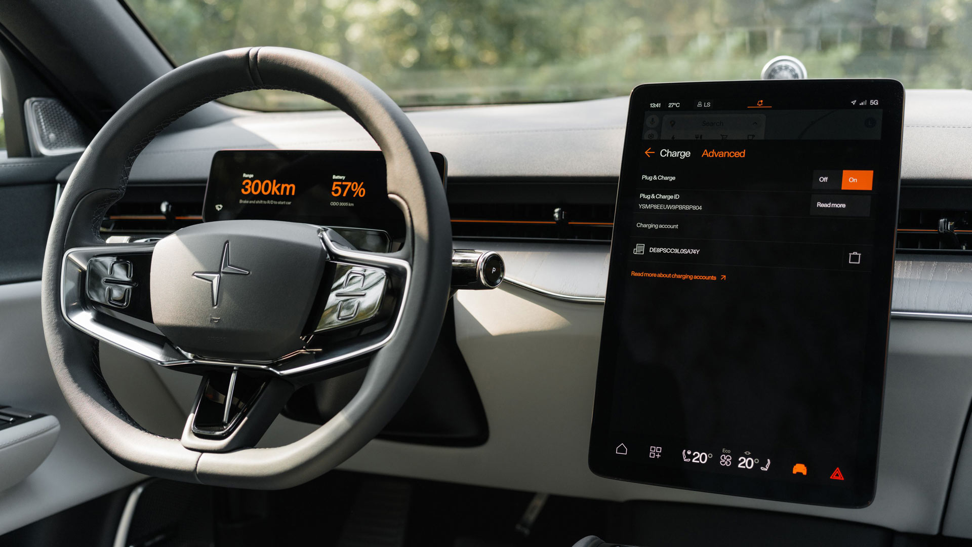 Interior of a Polestar 3 electric car showing the dashboard and steering wheel