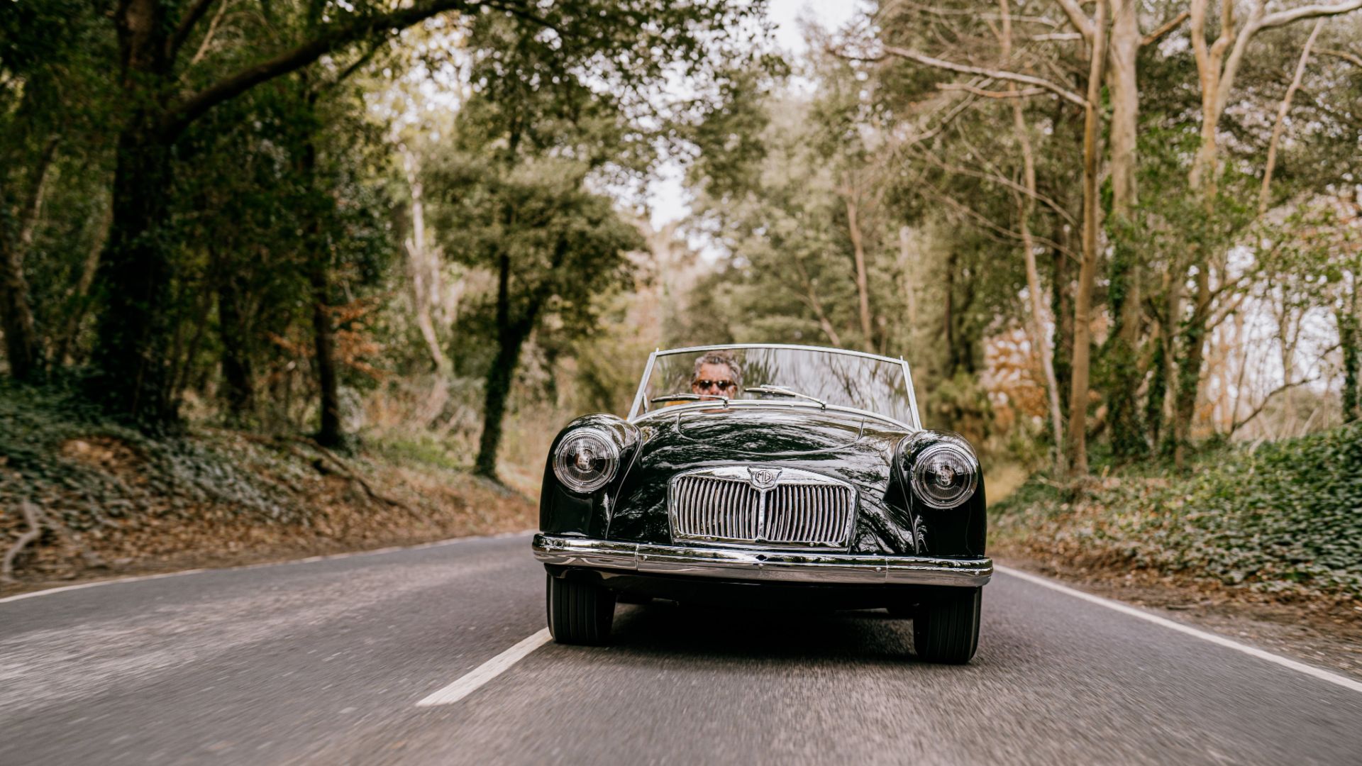 A person drives a vintage convertible through a forested road, surrounded by tall trees and greenery, under an overcast sky.