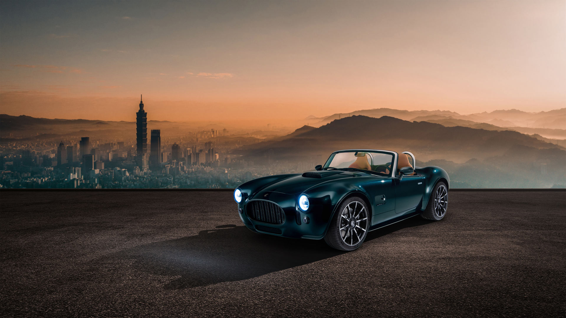 A classic convertible car parked with Taipei 101 in the background, overlooking a cityscape under a warm, hazy sunset sky.